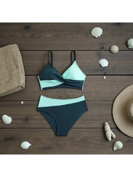 Bikini Set High Waisted Bottom & Twist Front Top Size M Green & Teal - Picture 6 of 10